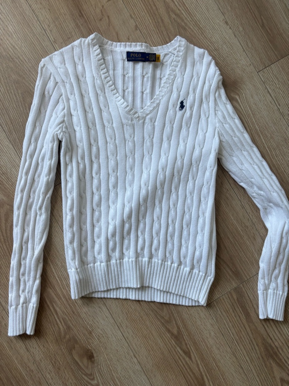 Ralph Lauren White Cable-Knit V-Neck Sweater with Navy Pony
